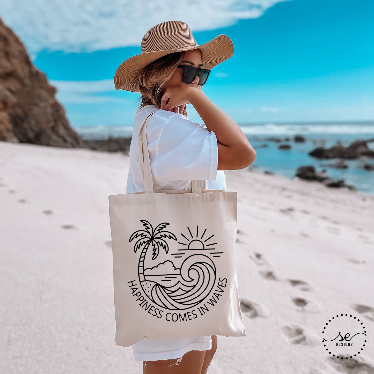 Happiness Comes in Waves Canvas Tote Bag
