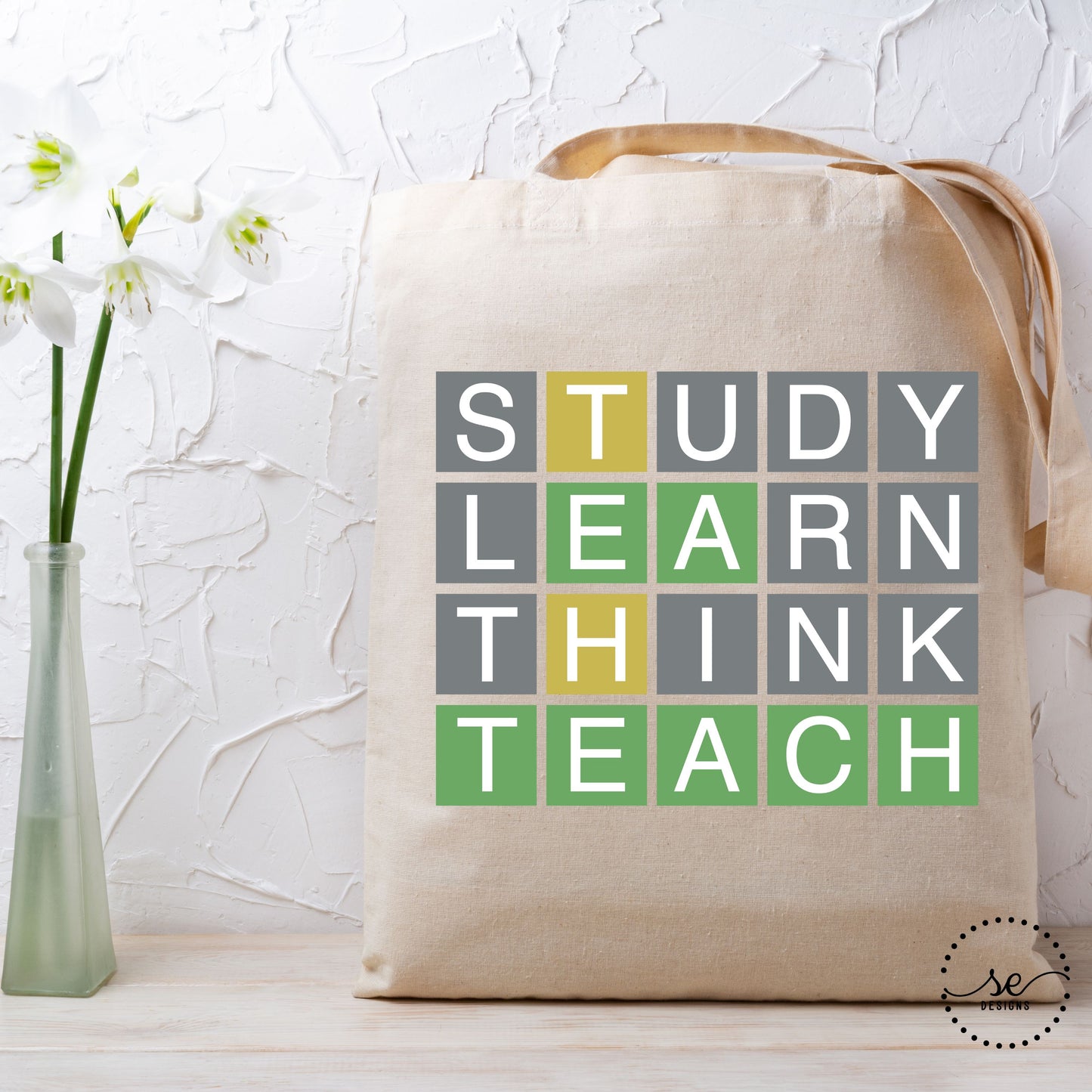 Study Learn Think Teach Wordle Canvas Tote – Teacher Tote Bag | Educator Gift Bag