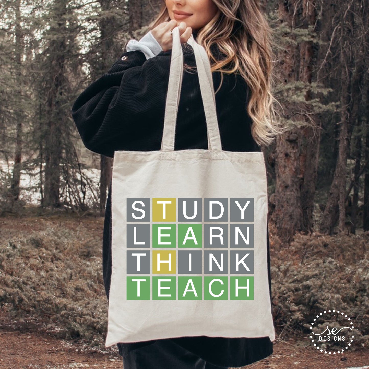 Study Learn Think Teach Wordle Canvas Tote – Teacher Tote Bag | Educator Gift Bag